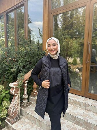 Dafne Cepli Eşofman Kolsuz Yelek Beli Lastikli Pantolon Üçlü Takım - 71149 - Lacivert