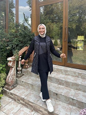 Dafne Cepli Eşofman Kolsuz Yelek Beli Lastikli Pantolon Üçlü Takım - 71149 - Lacivert