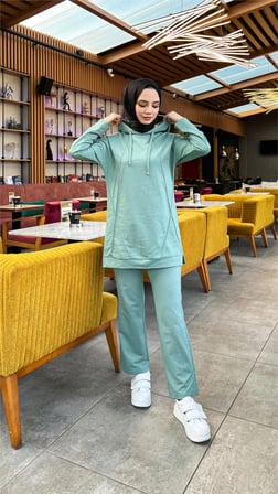 Kapşonlu O Yaka Sade Basic İkili Eşofman Spor Takımı - 3039 - Çağla Yeşili