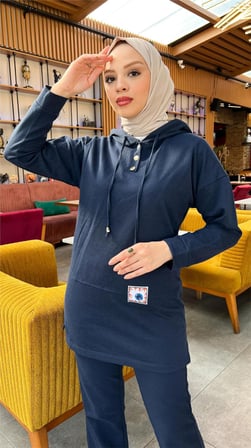 Kapşonlu Çıtçıtlı Sade Basic İkili Eşofman Spor Takımı - Lacivert - AK06006.03036