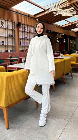 Fermuarlı Kapşonlu Dantel Desenli Tunik Pantolon İkili Spor Takım - 71158 - Krem
