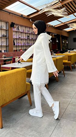 Fermuarlı Kapşonlu Dantel Desenli Tunik Pantolon İkili Spor Takım - 71158 - Krem