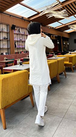 Fermuarlı Kapşonlu Dantel Desenli Tunik Pantolon İkili Spor Takım - 71158 - Krem