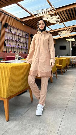 Fermuarlı Kapşonlu Dantel Desenli Tunik Pantolon İkili Spor Takım - 71158 - Bej
