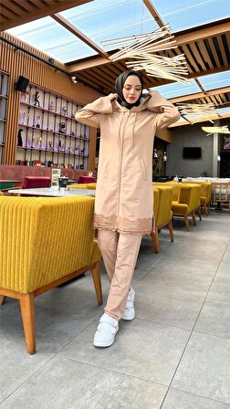 Fermuarlı Kapşonlu Dantel Desenli Tunik Pantolon İkili Spor Takım - 71158 - Bej