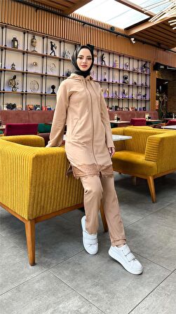 Fermuarlı Kapşonlu Dantel Desenli Tunik Pantolon İkili Spor Takım - 71158 - Bej