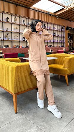 Fermuarlı Kapşonlu Dantel Desenli Tunik Pantolon İkili Spor Takım - 71158 - Bej