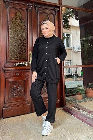 Çıtçıtlı Yandan Cepli İkili Sade Basic Eşofman Spor Takımı - 12009 - Siyah