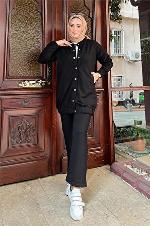 Çıtçıtlı Yandan Cepli İkili Sade Basic Eşofman Spor Takımı - 12009 - Siyah