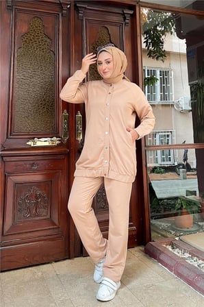 Çıtçıtlı Yandan Cepli İkili Sade Basic Eşofman Spor Takımı - 12009 - Bej