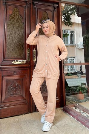 Çıtçıtlı Yandan Cepli İkili Sade Basic Eşofman Spor Takımı - 12009 - Bej