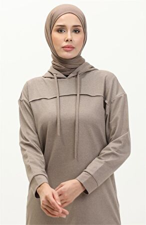 Uzun Tunik Kapşonlu Kenardan Yırtmaçlı İkili Spor Takım - 03034 - Vizon