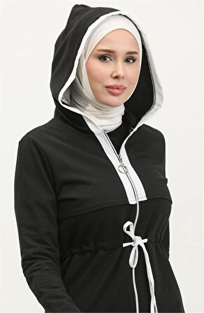 Kapşonlu Fermuarlı Belden Beyaz Bağcıklı Sade Basic İkili Spor Takımı - 03074 - Siyah