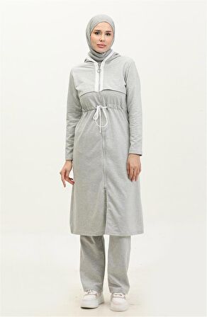 Kapşonlu Fermuarlı Belden Beyaz Bağcıklı Sade Basic İkili Spor Takımı - 03074 - Gri