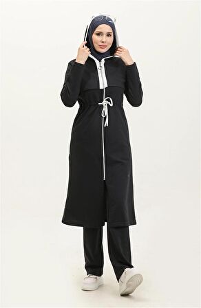 Kapşonlu Fermuarlı Belden Beyaz Bağcıklı Sade Basic İkili Spor Takımı - 03074 - Lacivert