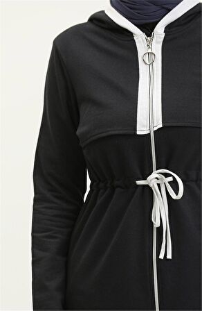 Kapşonlu Fermuarlı Belden Beyaz Bağcıklı Sade Basic İkili Spor Takımı - 03074 - Lacivert