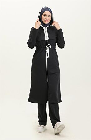 Kapşonlu Fermuarlı Belden Beyaz Bağcıklı Sade Basic İkili Spor Takımı - 03074 - Lacivert