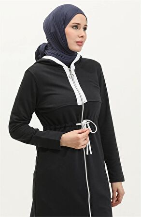 Kapşonlu Fermuarlı Belden Beyaz Bağcıklı Sade Basic İkili Spor Takımı - 03074 - Lacivert