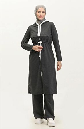 Kapşonlu Fermuarlı Belden Beyaz Bağcıklı Sade Basic İkili Spor Takımı - 03074 - Antrasit