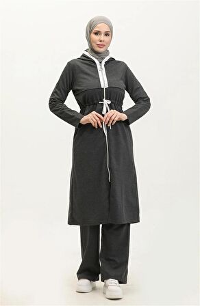 Kapşonlu Fermuarlı Belden Beyaz Bağcıklı Sade Basic İkili Spor Takımı - 03074 - Antrasit