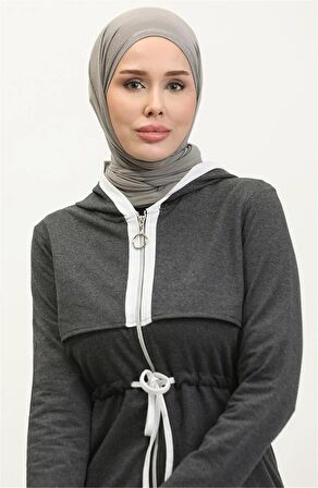 Kapşonlu Fermuarlı Belden Beyaz Bağcıklı Sade Basic İkili Spor Takımı - 03074 - Antrasit