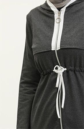 Kapşonlu Fermuarlı Belden Beyaz Bağcıklı Sade Basic İkili Spor Takımı - 03074 - Antrasit