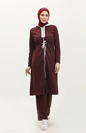 Kapşonlu Fermuarlı Belden Beyaz Bağcıklı Sade Basic İkili Spor Takımı - 03074 - Mürdüm