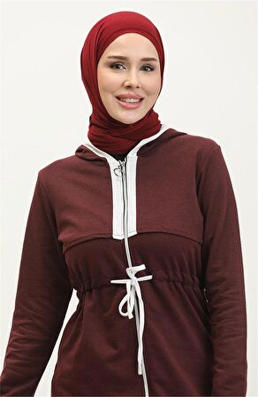 Kapşonlu Fermuarlı Belden Beyaz Bağcıklı Sade Basic İkili Spor Takımı - 03074 - Mürdüm