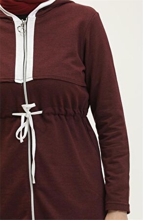 Kapşonlu Fermuarlı Belden Beyaz Bağcıklı Sade Basic İkili Spor Takımı - 03074 - Mürdüm