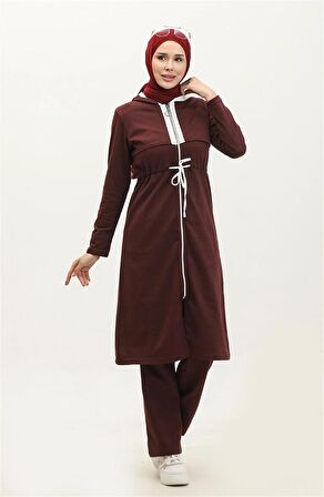 Kapşonlu Fermuarlı Belden Beyaz Bağcıklı Sade Basic İkili Spor Takımı - 03074 - Mürdüm