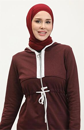 Kapşonlu Fermuarlı Belden Beyaz Bağcıklı Sade Basic İkili Spor Takımı - 03074 - Mürdüm