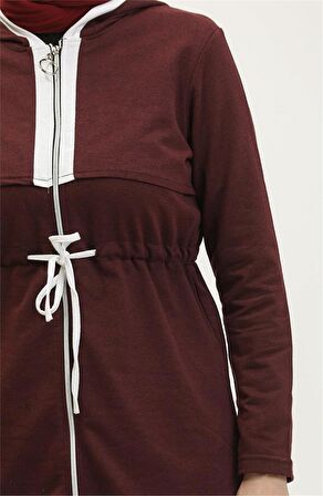 Kapşonlu Fermuarlı Belden Beyaz Bağcıklı Sade Basic İkili Spor Takımı - 03074 - Mürdüm