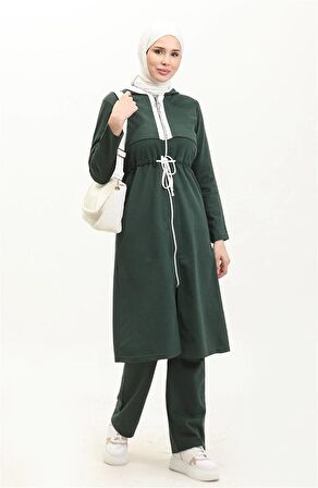 Kapşonlu Fermuarlı Belden Beyaz Bağcıklı Sade Basic İkili Spor Takımı - 03074 - Nefti