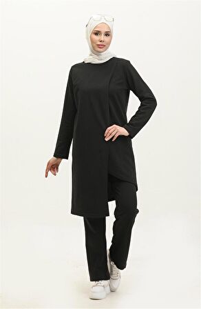 Kruvaze Bisiklet Yaka Sade Basic Tunik Panolon İkili Takım - 03076 - Siyah