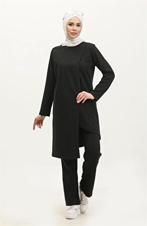 Kruvaze Bisiklet Yaka Sade Basic Tunik Panolon İkili Takım - 03076 - Siyah