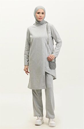 Kruvaze Bisiklet Yaka Sade Basic Tunik Panolon İkili Takım - 03076 - Gri