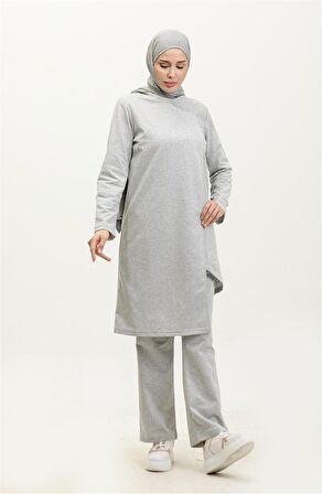 Kruvaze Bisiklet Yaka Sade Basic Tunik Panolon İkili Takım - 03076 - Gri