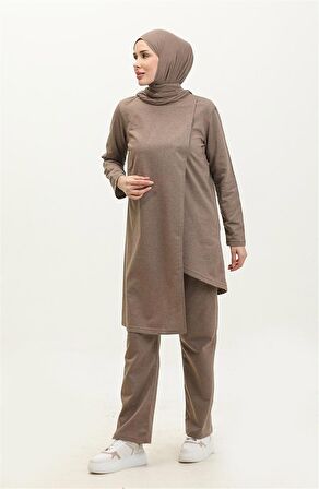 Kruvaze Bisiklet Yaka Sade Basic Tunik Panolon İkili Takım - 03076 - Vizon