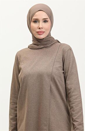 Kruvaze Bisiklet Yaka Sade Basic Tunik Panolon İkili Takım - 03076 - Vizon
