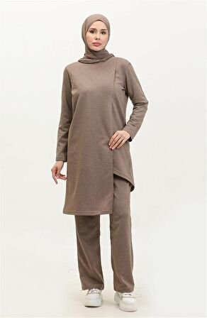 Kruvaze Bisiklet Yaka Sade Basic Tunik Panolon İkili Takım - 03076 - Vizon