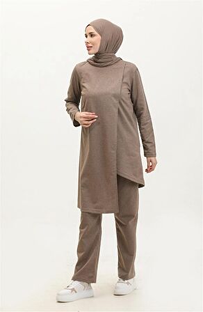 Kruvaze Bisiklet Yaka Sade Basic Tunik Panolon İkili Takım - 03076 - Vizon