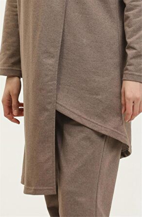 Kruvaze Bisiklet Yaka Sade Basic Tunik Panolon İkili Takım - 03076 - Vizon