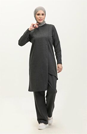 Kruvaze Bisiklet Yaka Sade Basic Tunik Panolon İkili Takım - 03076 - Antrasit