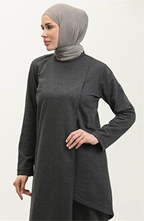 Kruvaze Bisiklet Yaka Sade Basic Tunik Panolon İkili Takım - 03076 - Antrasit