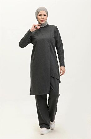 Kruvaze Bisiklet Yaka Sade Basic Tunik Panolon İkili Takım - 03076 - Antrasit