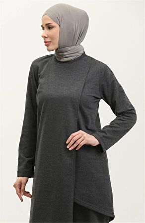 Kruvaze Bisiklet Yaka Sade Basic Tunik Panolon İkili Takım - 03076 - Antrasit
