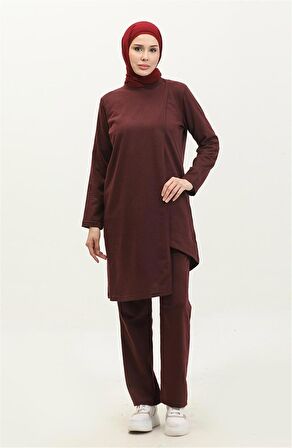 Kruvaze Bisiklet Yaka Sade Basic Tunik Panolon İkili Takım - 03076 - Mürdüm