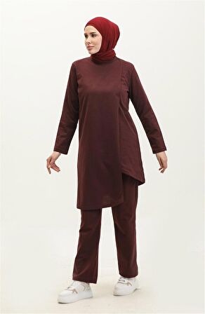 Kruvaze Bisiklet Yaka Sade Basic Tunik Panolon İkili Takım - 03076 - Mürdüm