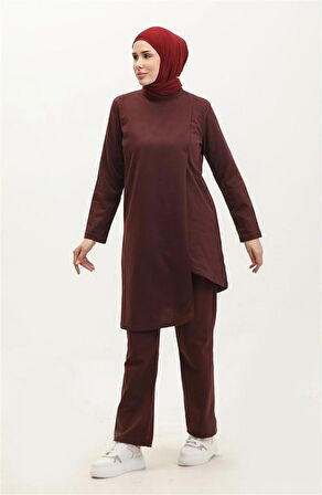 Kruvaze Bisiklet Yaka Sade Basic Tunik Panolon İkili Takım - 03076 - Mürdüm