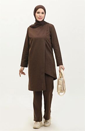 Kruvaze Bisiklet Yaka Sade Basic Tunik Panolon İkili Takım - 03076 - Kahverengi
